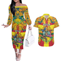 Personalized Italy Sicily Couples Matching Off The Shoulder Long Sleeve Dress and Hawaiian Shirt Gorgoneion Baroque Patterns - Wonder Print Shop