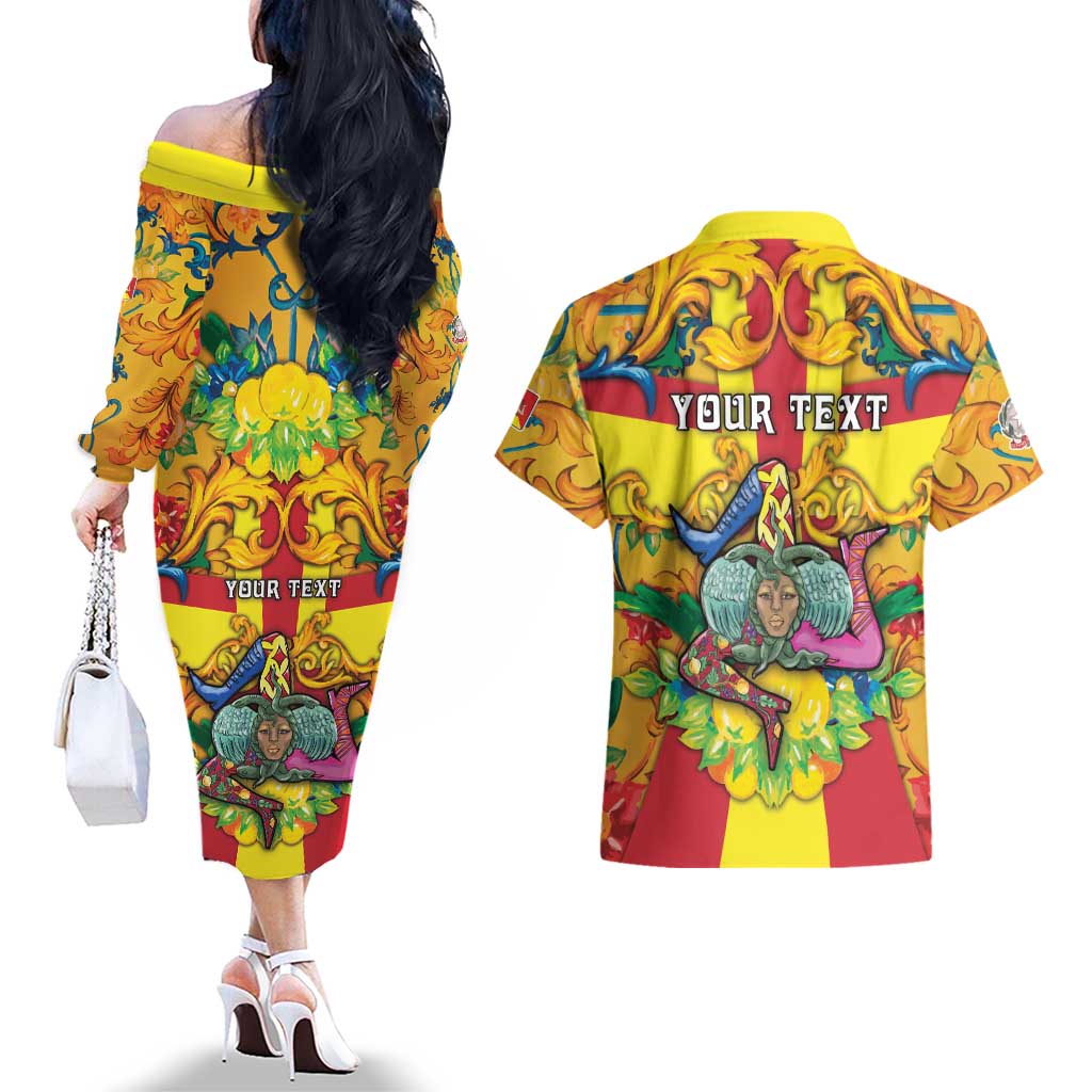 Personalized Italy Sicily Couples Matching Off The Shoulder Long Sleeve Dress and Hawaiian Shirt Gorgoneion Baroque Patterns - Wonder Print Shop