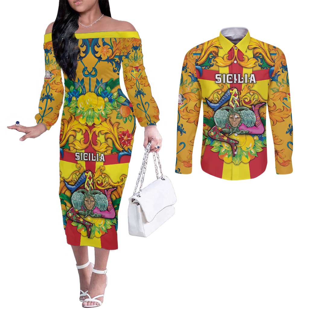 Personalized Italy Sicily Couples Matching Off The Shoulder Long Sleeve Dress and Long Sleeve Button Shirt Gorgoneion Baroque Patterns - Wonder Print Shop