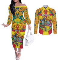 Personalized Italy Sicily Couples Matching Off The Shoulder Long Sleeve Dress and Long Sleeve Button Shirt Gorgoneion Baroque Patterns - Wonder Print Shop