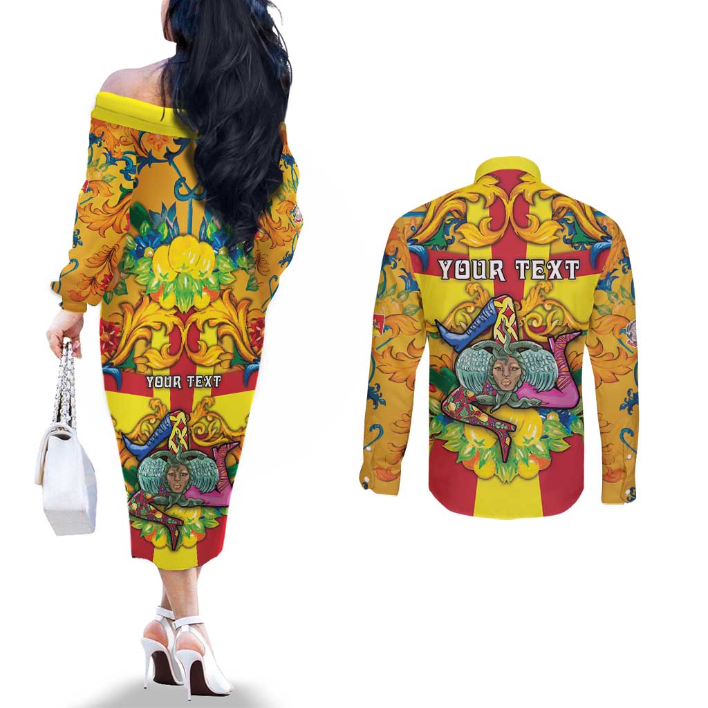 Personalized Italy Sicily Couples Matching Off The Shoulder Long Sleeve Dress and Long Sleeve Button Shirt Gorgoneion Baroque Patterns - Wonder Print Shop