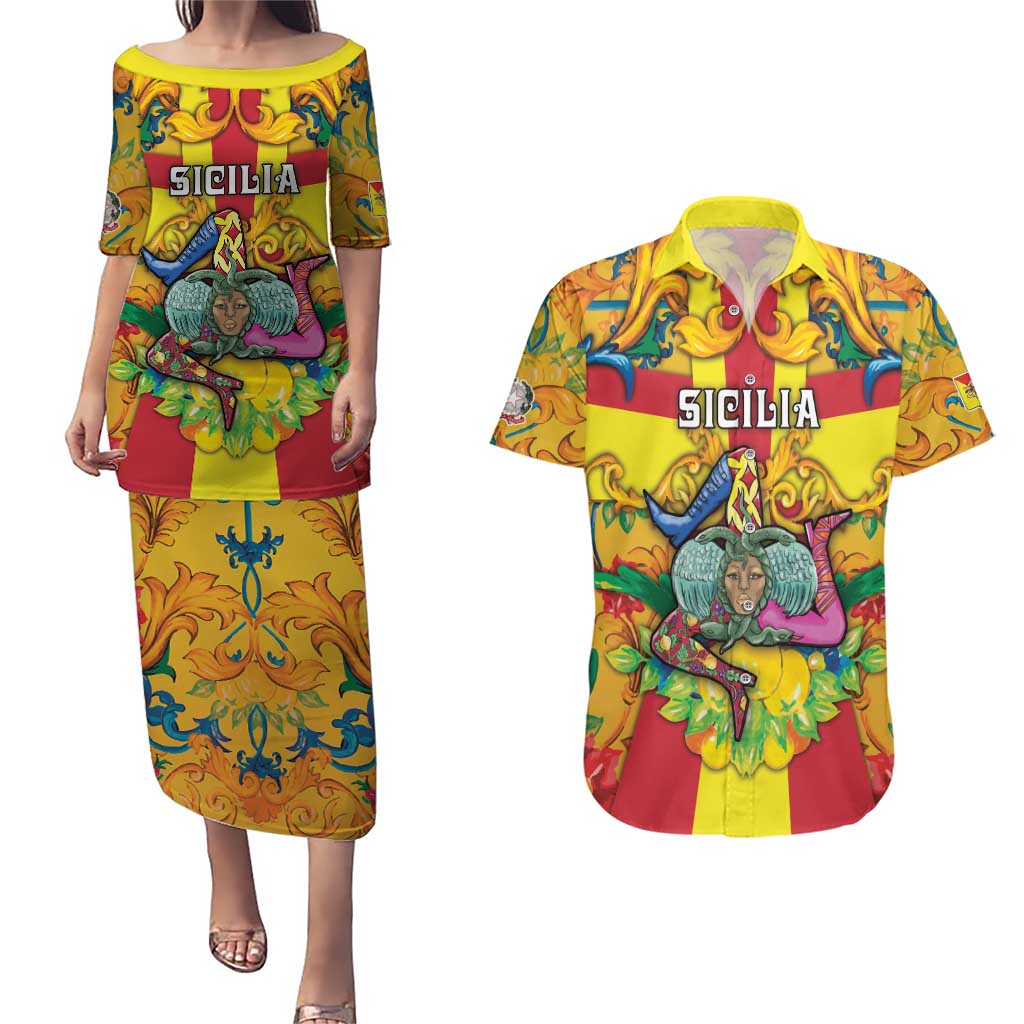 Personalized Italy Sicily Couples Matching Puletasi and Hawaiian Shirt Gorgoneion Baroque Patterns - Wonder Print Shop
