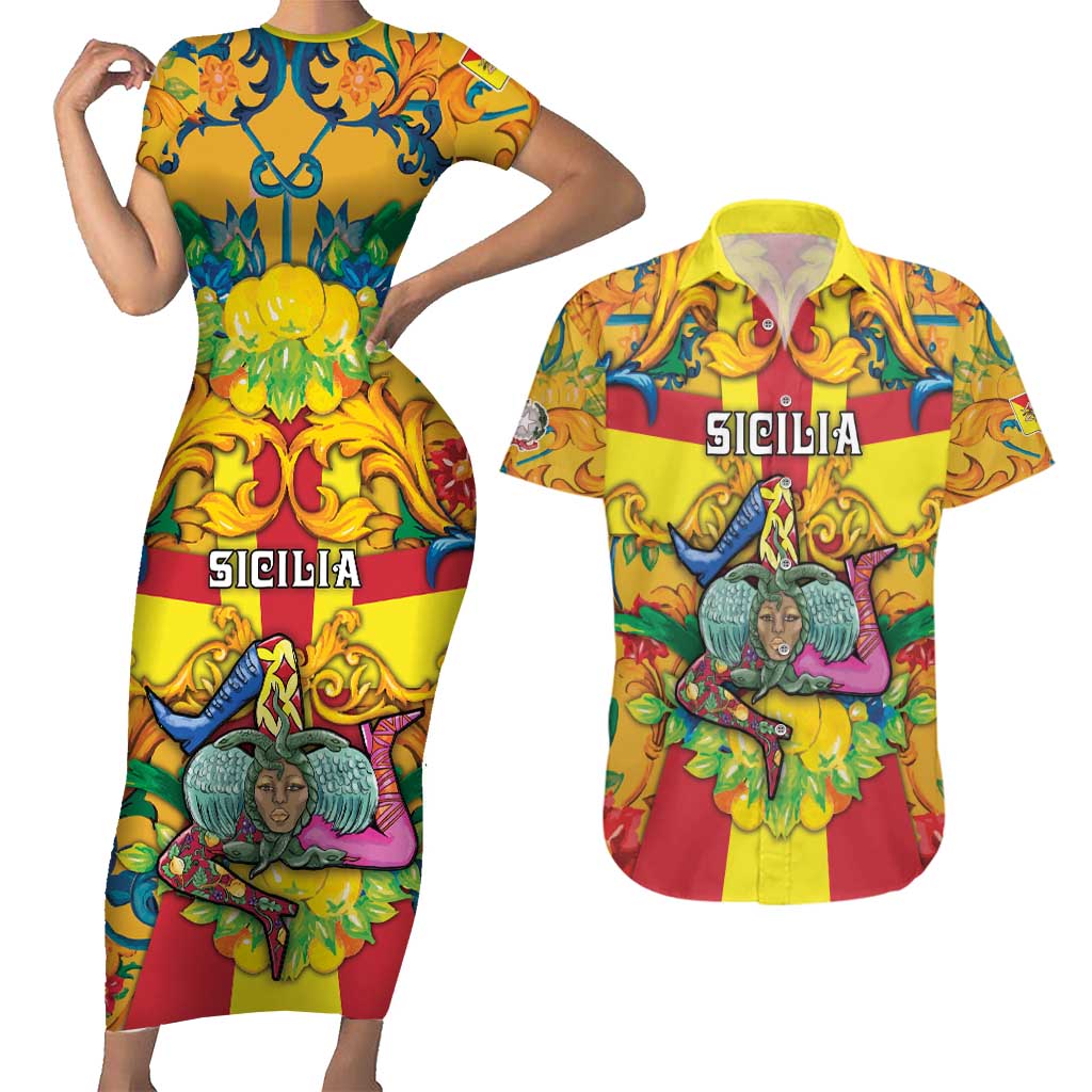 Personalized Italy Sicily Couples Matching Short Sleeve Bodycon Dress and Hawaiian Shirt Gorgoneion Baroque Patterns - Wonder Print Shop