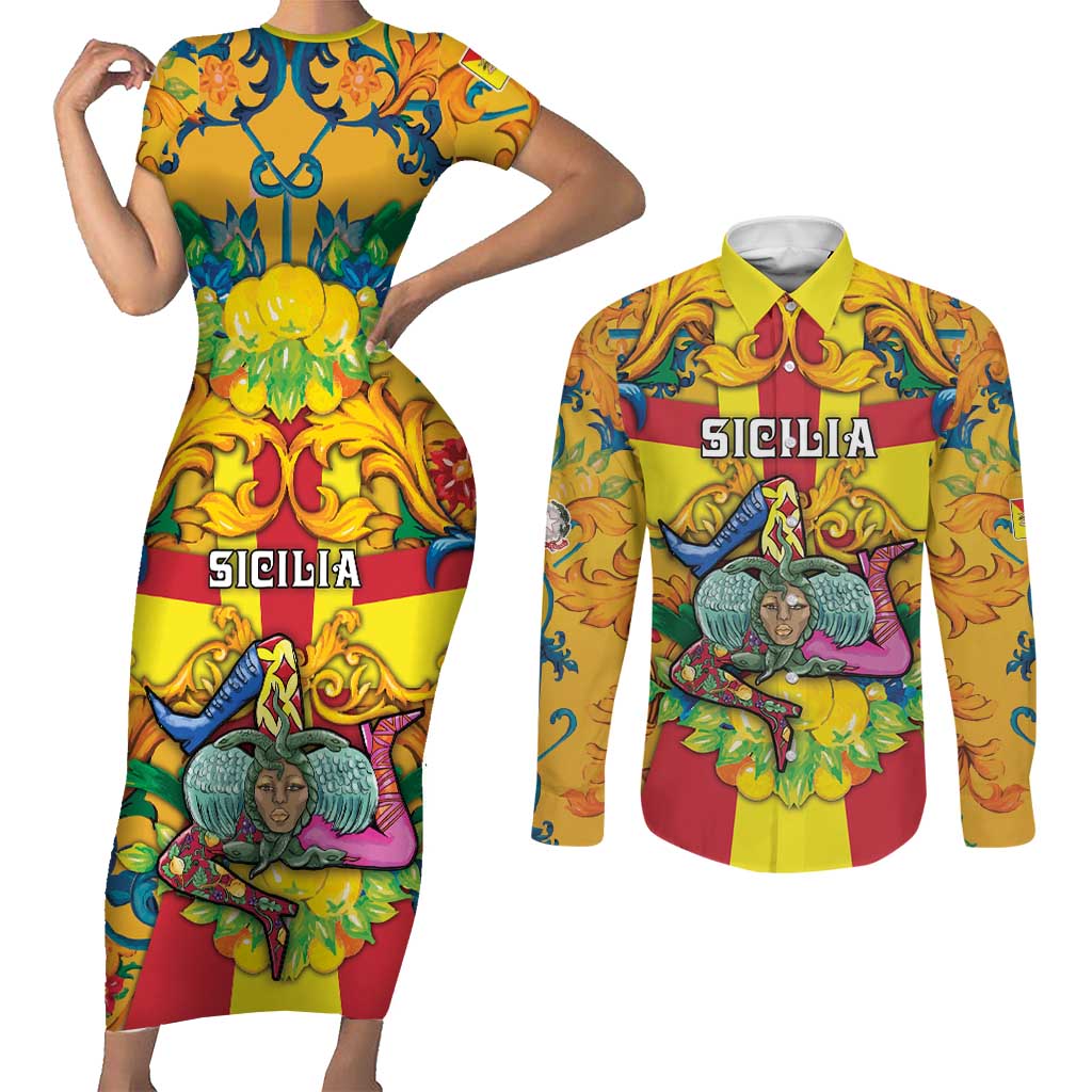 Personalized Italy Sicily Couples Matching Short Sleeve Bodycon Dress and Long Sleeve Button Shirt Gorgoneion Baroque Patterns - Wonder Print Shop