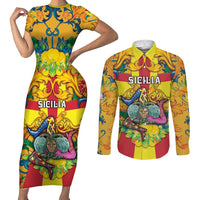 Personalized Italy Sicily Couples Matching Short Sleeve Bodycon Dress and Long Sleeve Button Shirt Gorgoneion Baroque Patterns - Wonder Print Shop