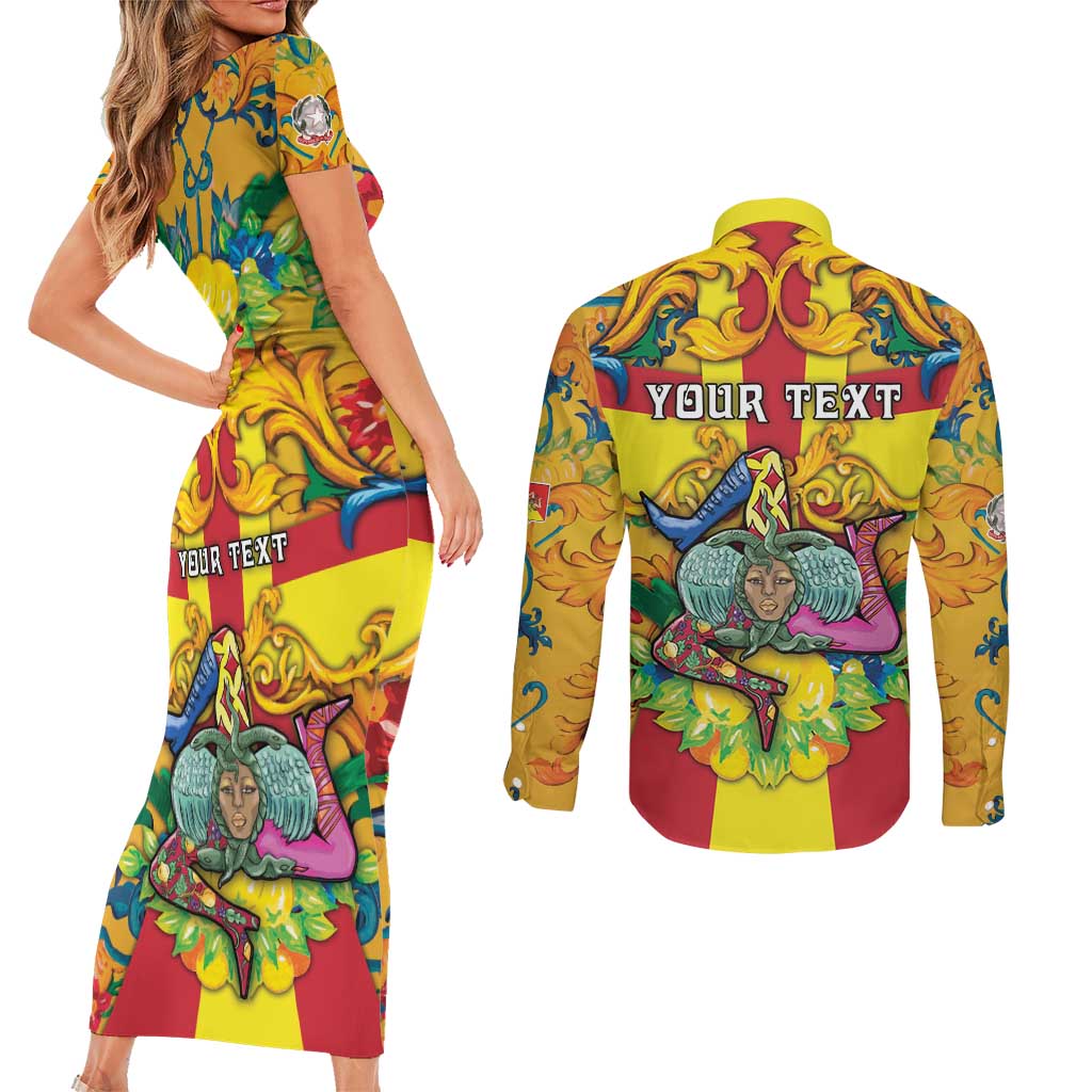 Personalized Italy Sicily Couples Matching Short Sleeve Bodycon Dress and Long Sleeve Button Shirt Gorgoneion Baroque Patterns - Wonder Print Shop
