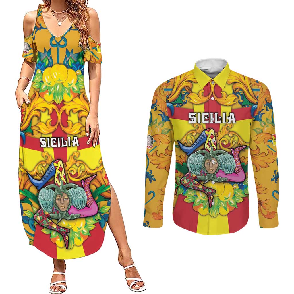 Personalized Italy Sicily Couples Matching Summer Maxi Dress and Long Sleeve Button Shirt Gorgoneion Baroque Patterns - Wonder Print Shop