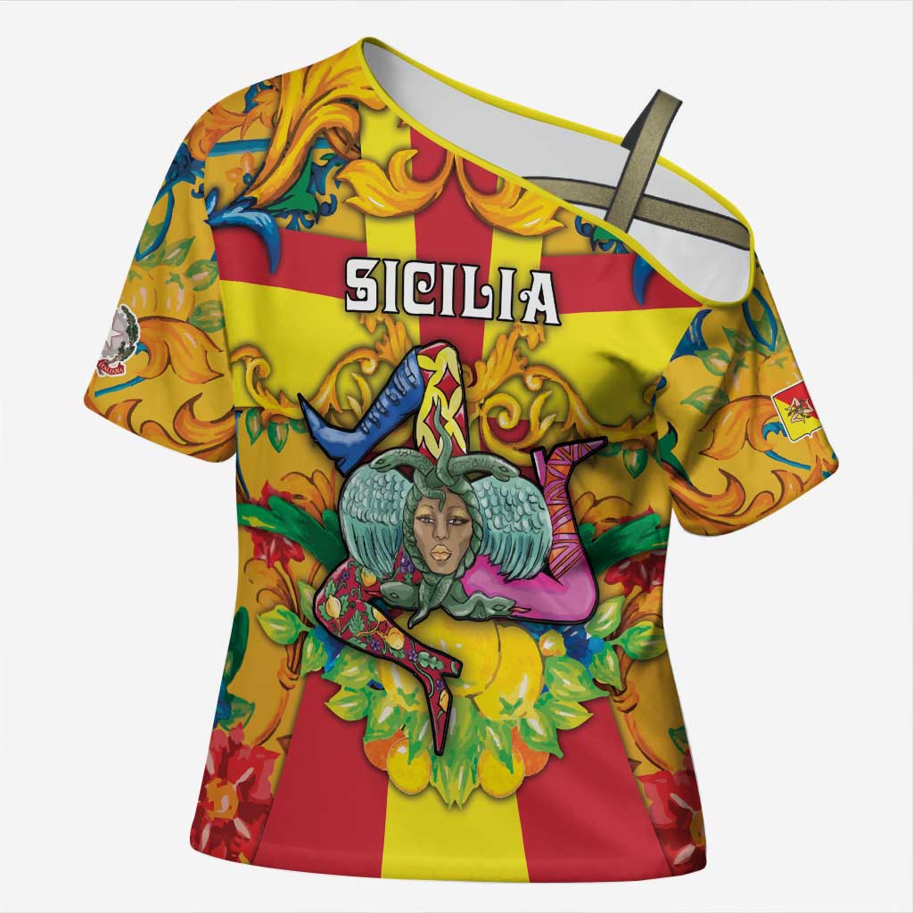 Personalized Italy Sicily Cross Shoulder Shirt Gorgoneion Baroque Patterns - Wonder Print Shop