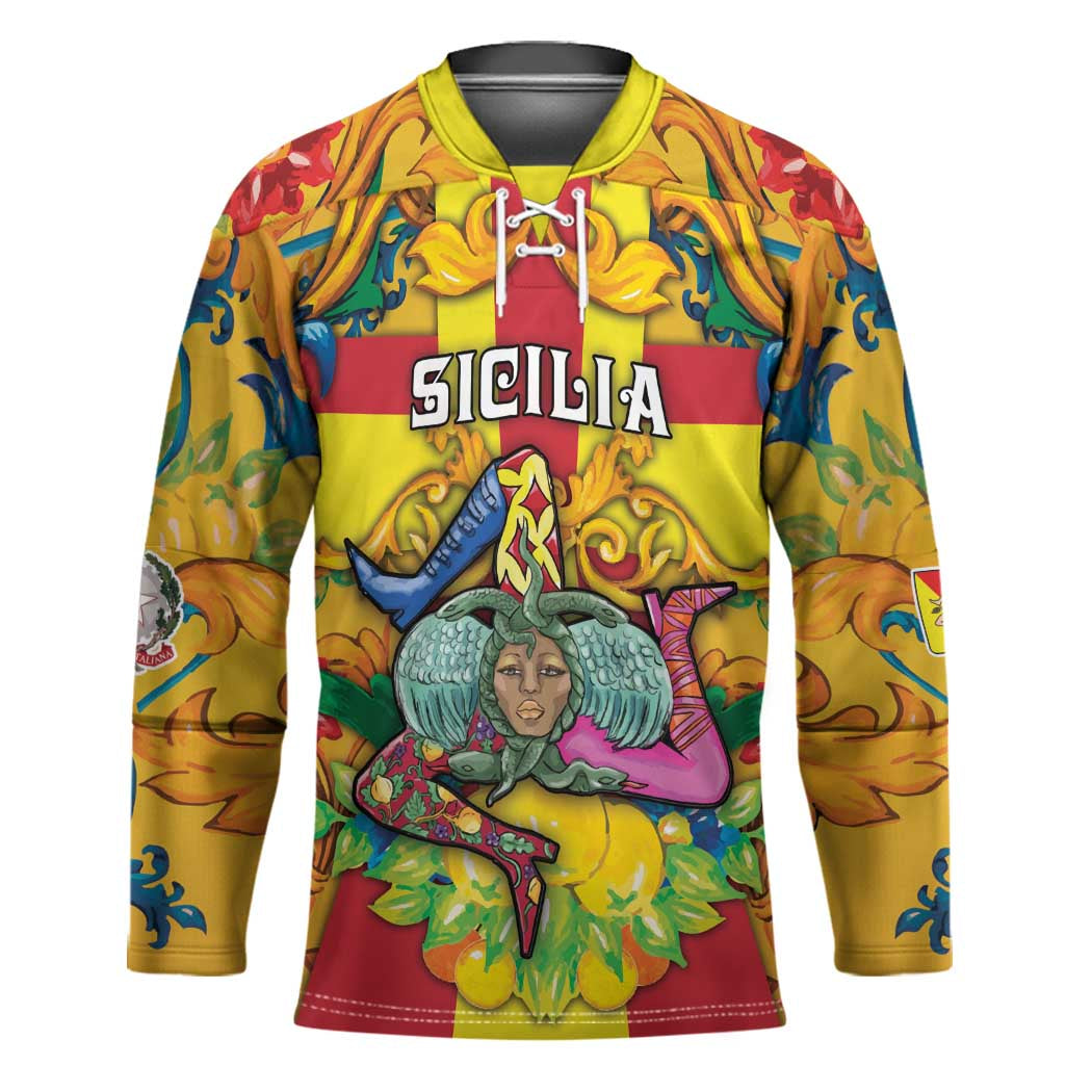 Personalized Italy Sicily Hockey Jersey Gorgoneion Baroque Patterns - Wonder Print Shop