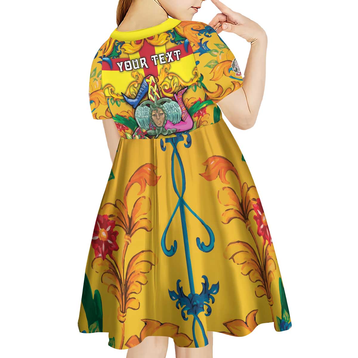 Personalized Italy Sicily Kid Short Sleeve Dress Gorgoneion Baroque Patterns - Wonder Print Shop