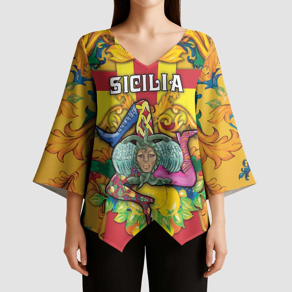 Personalized Italy Sicily Kimono Sleeve Blouse Gorgoneion Baroque Patterns - Wonder Print Shop