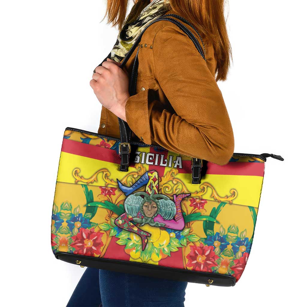 Italy Sicily Leather Tote Bag Gorgoneion Baroque Patterns - Wonder Print Shop