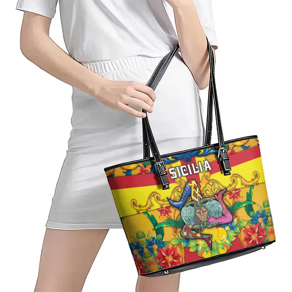 Italy Sicily Leather Tote Bag Gorgoneion Baroque Patterns - Wonder Print Shop