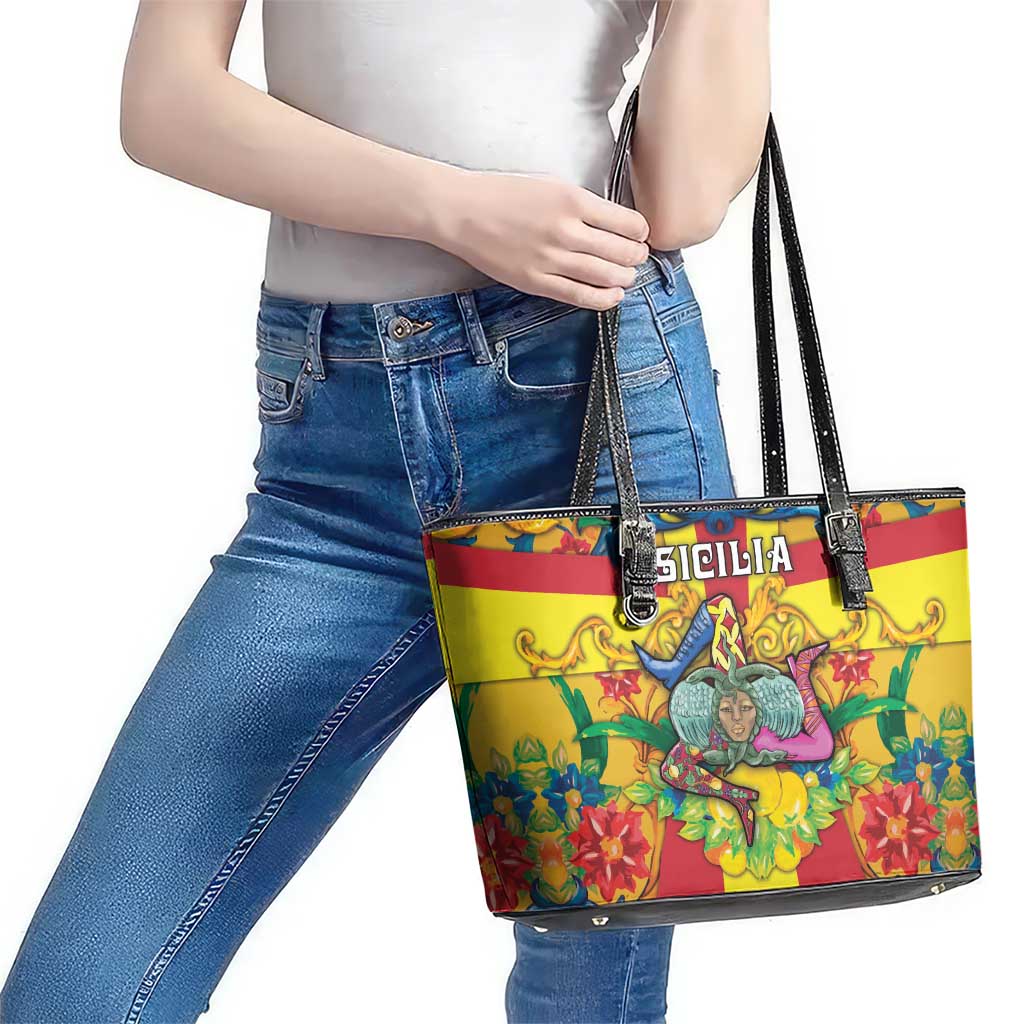 Italy Sicily Leather Tote Bag Gorgoneion Baroque Patterns - Wonder Print Shop