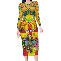 Personalized Italy Sicily Long Sleeve Bodycon Dress Gorgoneion Baroque Patterns - Wonder Print Shop
