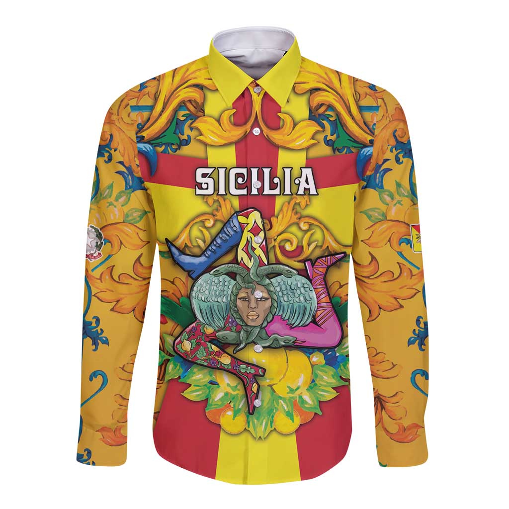Personalized Italy Sicily Long Sleeve Button Shirt Gorgoneion Baroque Patterns - Wonder Print Shop