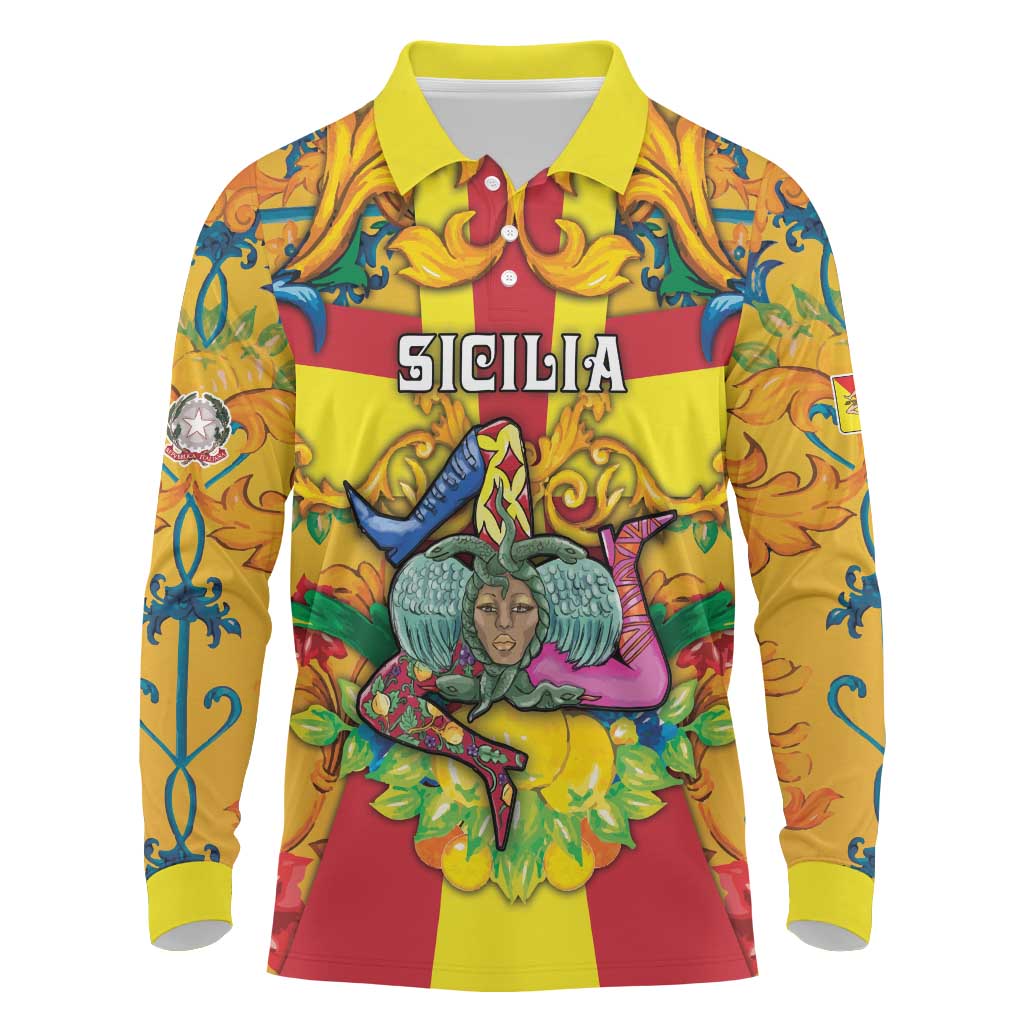 Personalized Italy Sicily Long Sleeve Polo Shirt Gorgoneion Baroque Patterns - Wonder Print Shop