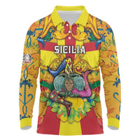 Personalized Italy Sicily Long Sleeve Polo Shirt Gorgoneion Baroque Patterns - Wonder Print Shop