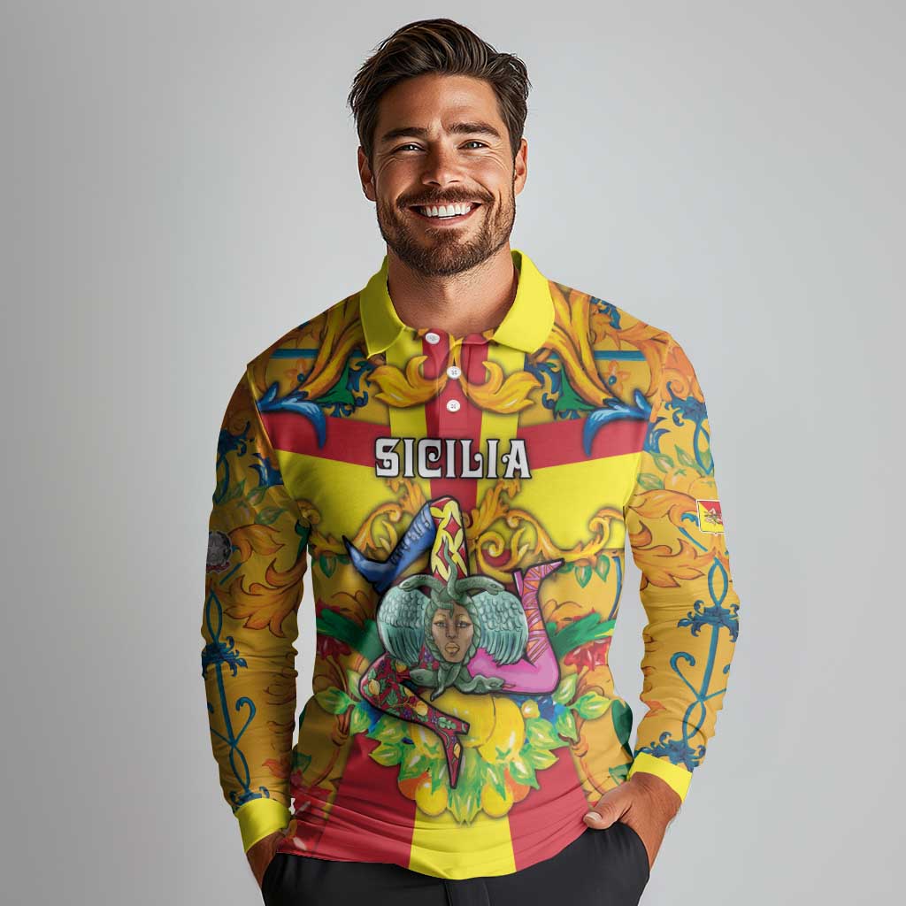 Personalized Italy Sicily Long Sleeve Polo Shirt Gorgoneion Baroque Patterns - Wonder Print Shop