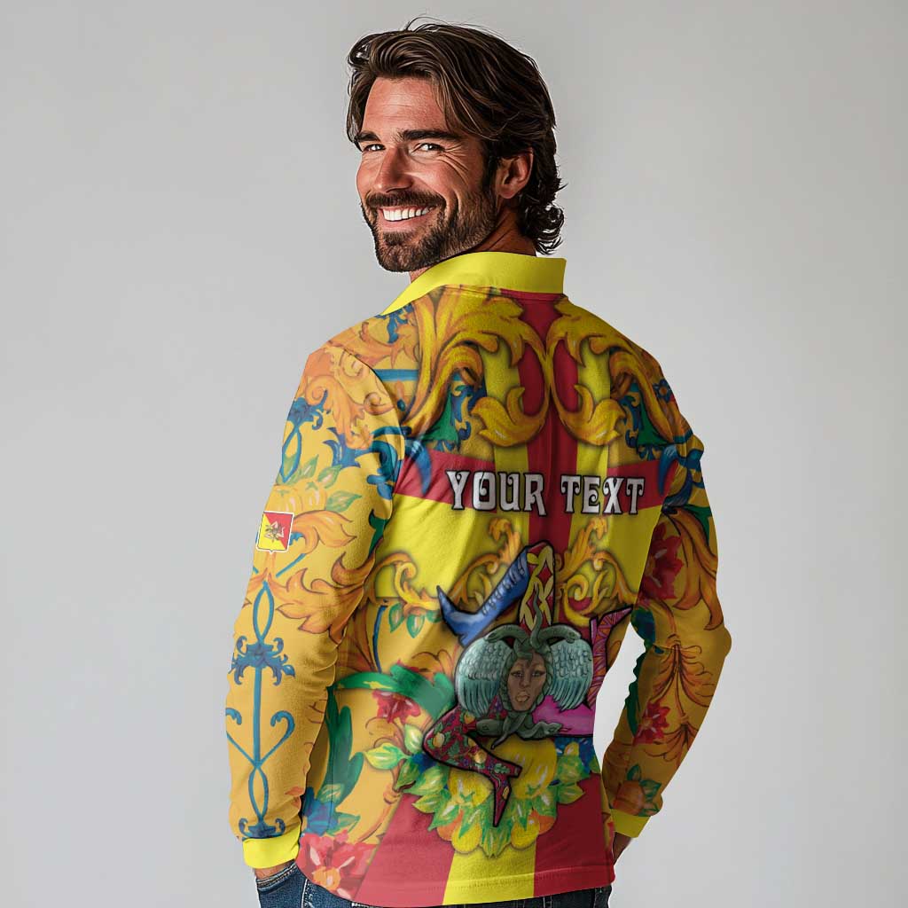 Personalized Italy Sicily Long Sleeve Polo Shirt Gorgoneion Baroque Patterns - Wonder Print Shop