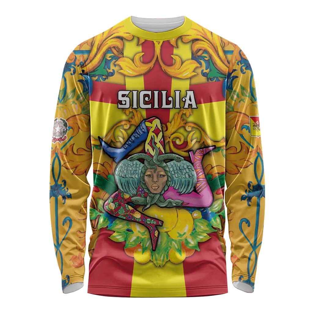 Personalized Italy Sicily Long Sleeve Shirt Gorgoneion Baroque Patterns - Wonder Print Shop