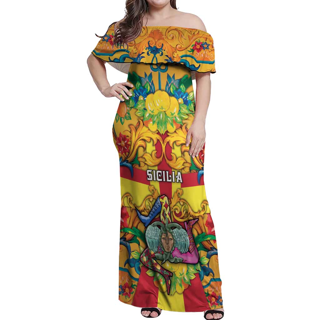 Personalized Italy Sicily Off Shoulder Maxi Dress Gorgoneion Baroque Patterns - Wonder Print Shop