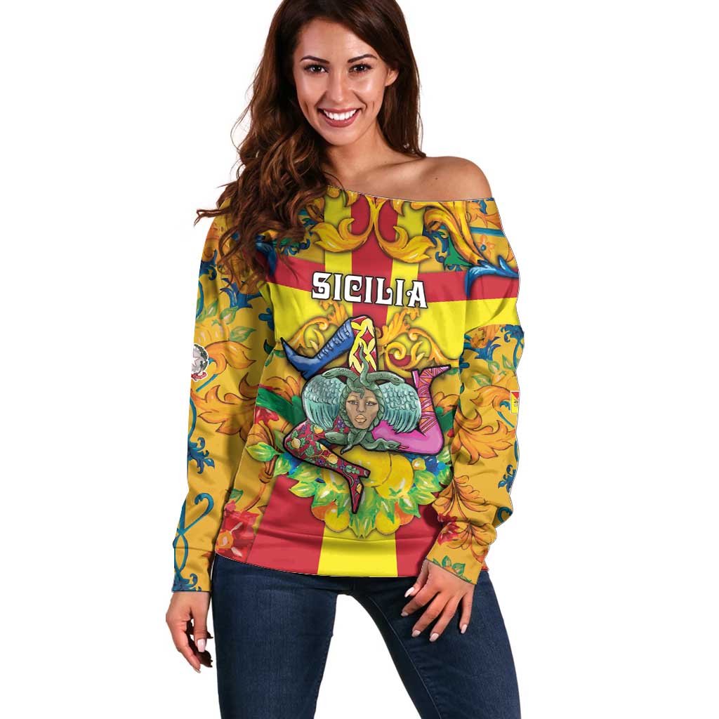 Personalized Italy Sicily Off Shoulder Sweater Gorgoneion Baroque Patterns - Wonder Print Shop