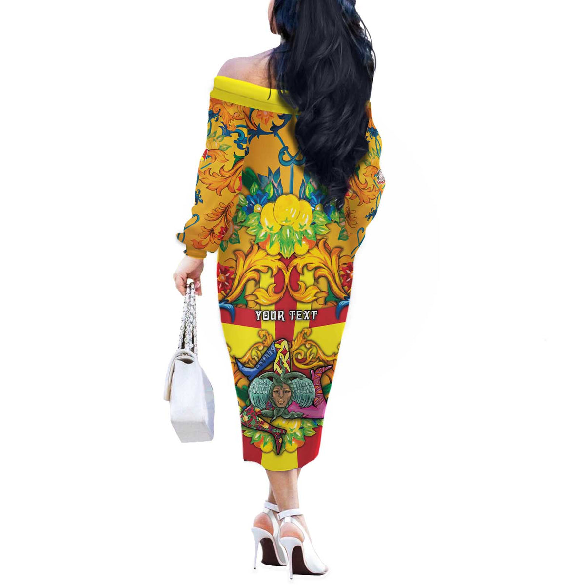 Personalized Italy Sicily Off The Shoulder Long Sleeve Dress Gorgoneion Baroque Patterns - Wonder Print Shop
