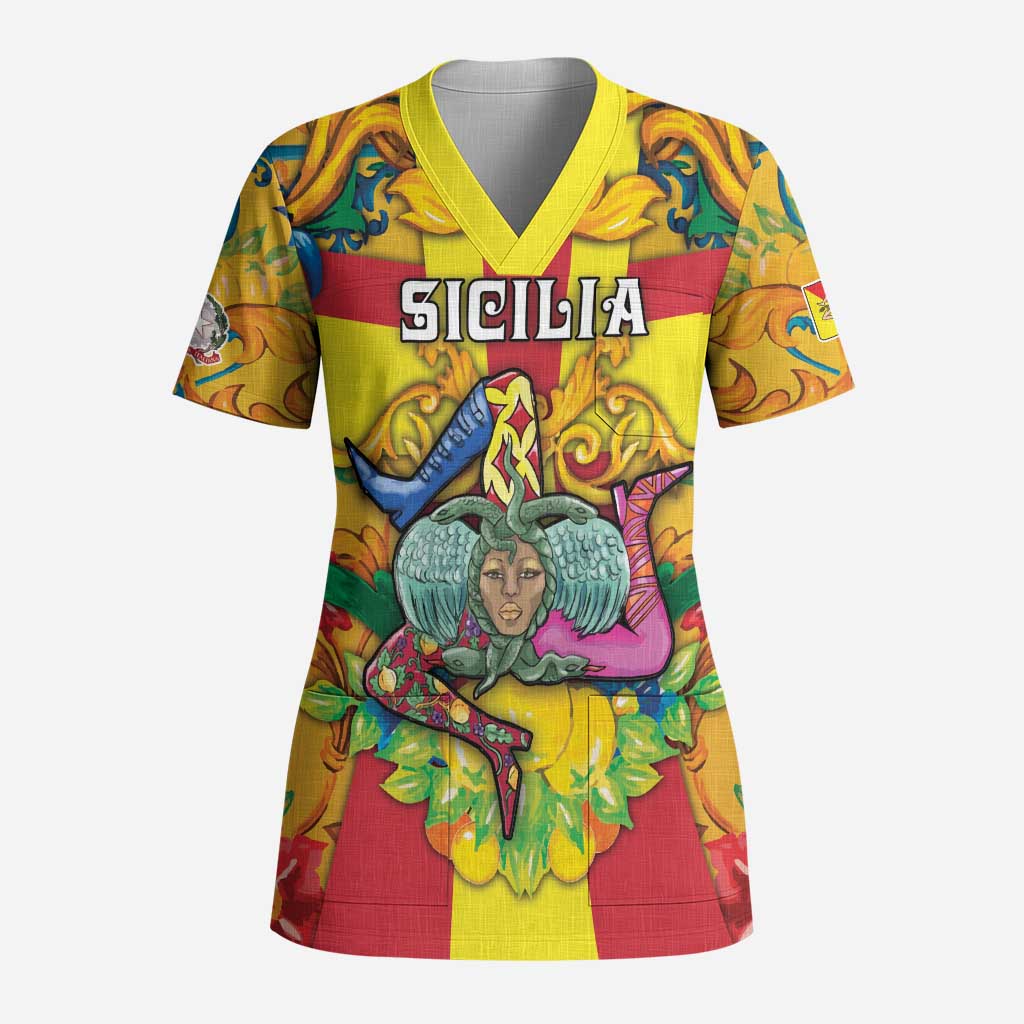 Personalized Italy Sicily Scrub Top Gorgoneion Baroque Patterns - Wonder Print Shop