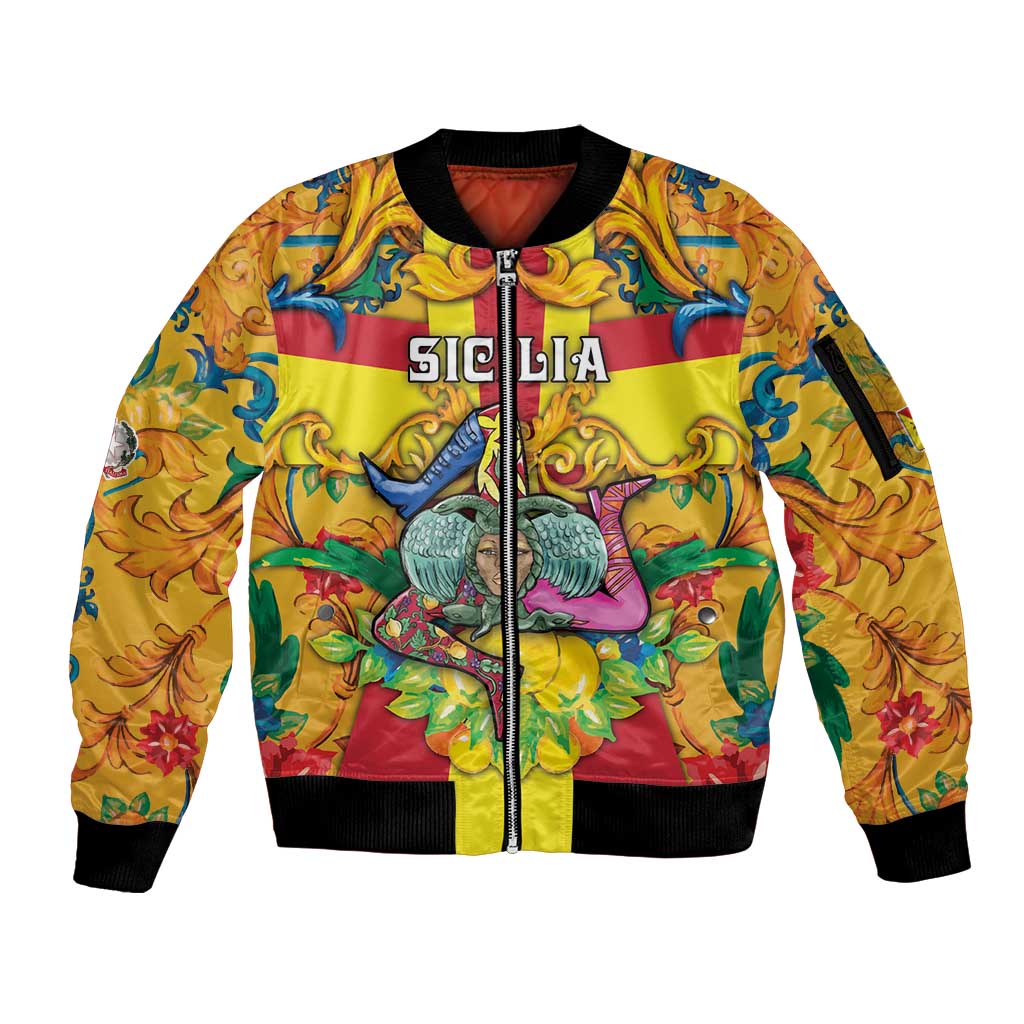 Personalized Italy Sicily Sleeve Zip Bomber Jacket Gorgoneion Baroque Patterns - Wonder Print Shop