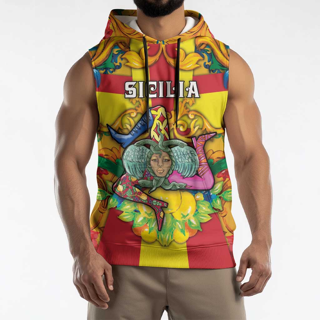 Personalized Italy Sicily Sleeveless Hoodie Gorgoneion Baroque Patterns - Wonder Print Shop