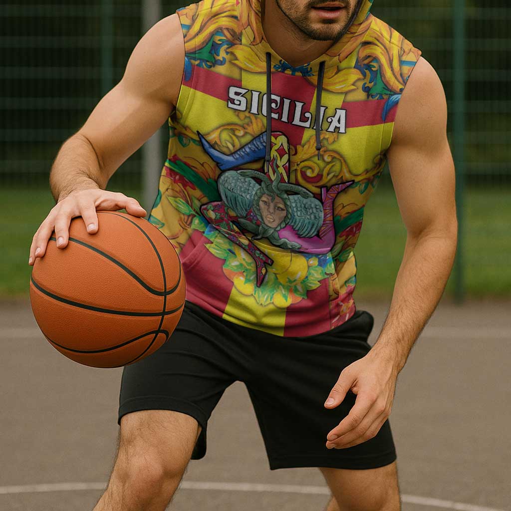 Personalized Italy Sicily Sleeveless Hoodie Gorgoneion Baroque Patterns - Wonder Print Shop
