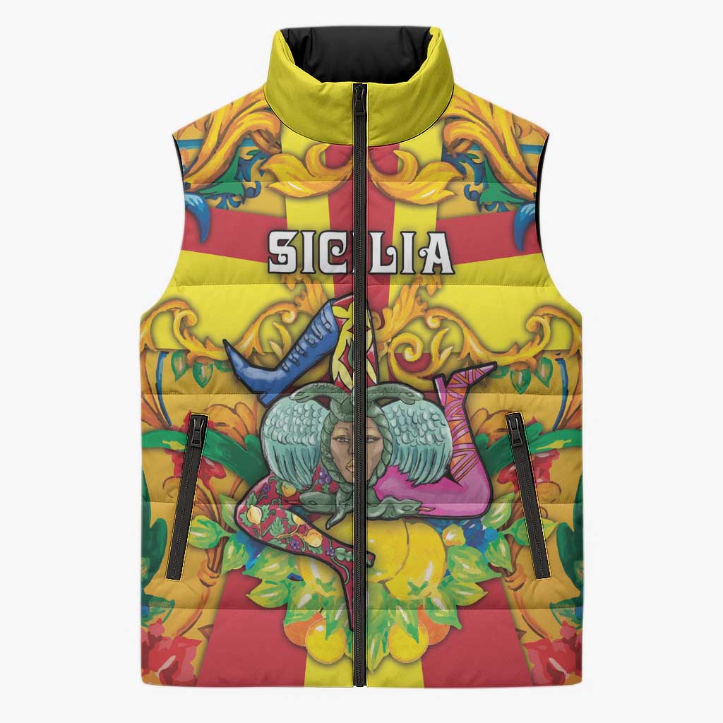 Personalized Italy Sicily Sleeveless Puffer Jacket Gorgoneion Baroque Patterns - Wonder Print Shop