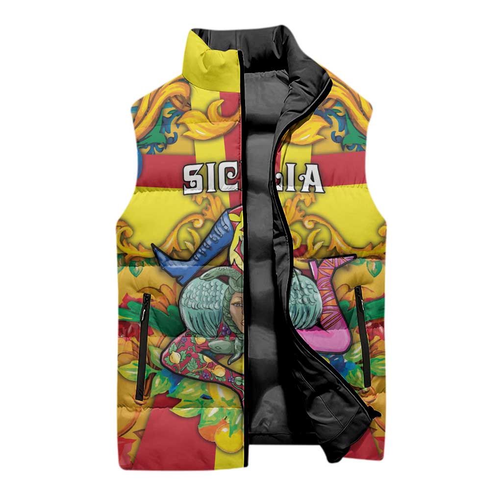 Personalized Italy Sicily Sleeveless Puffer Jacket Gorgoneion Baroque Patterns - Wonder Print Shop