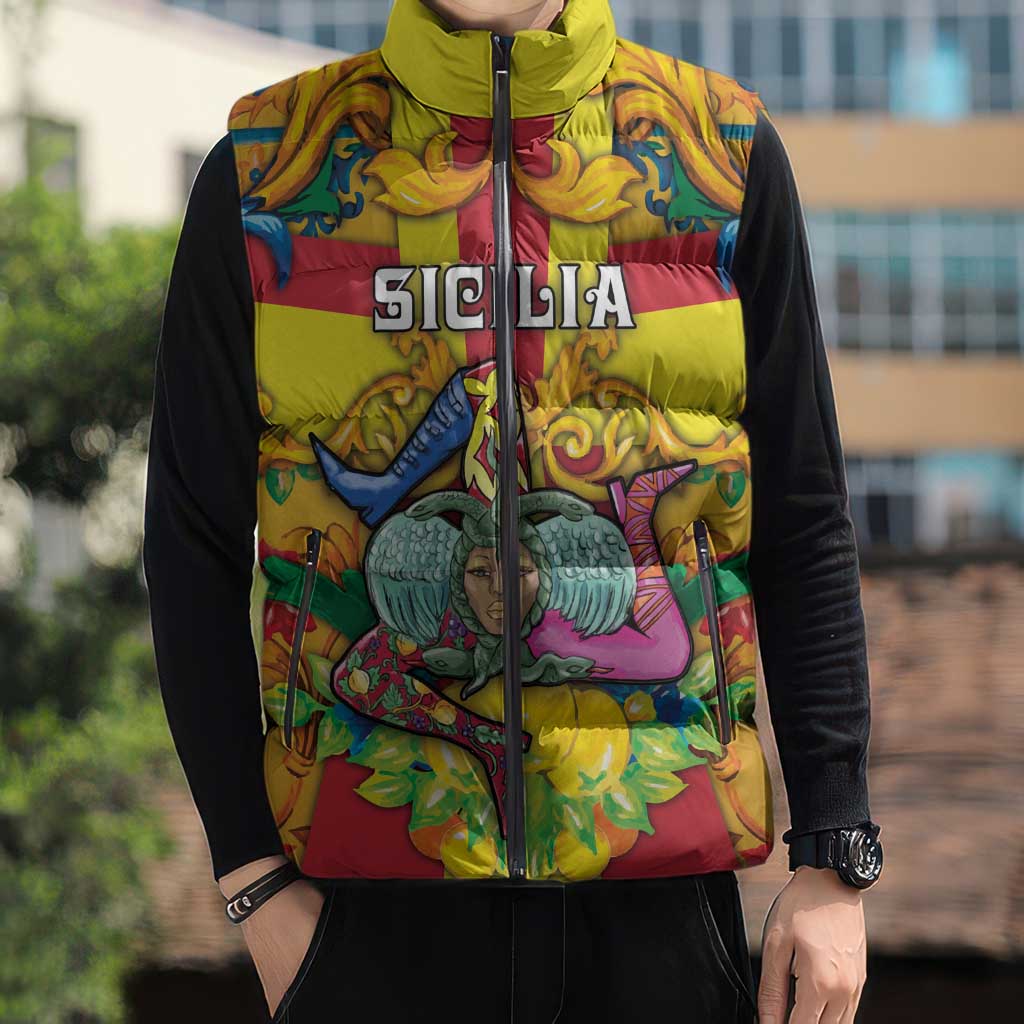 Personalized Italy Sicily Sleeveless Puffer Jacket Gorgoneion Baroque Patterns - Wonder Print Shop