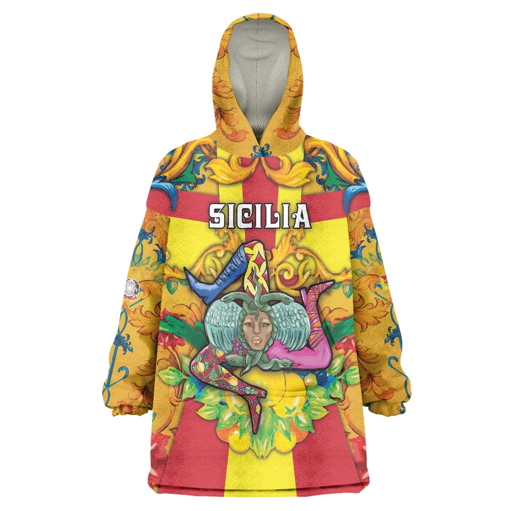 Personalized Italy Sicily Wearable Blanket Hoodie Gorgoneion Baroque Patterns - Wonder Print Shop