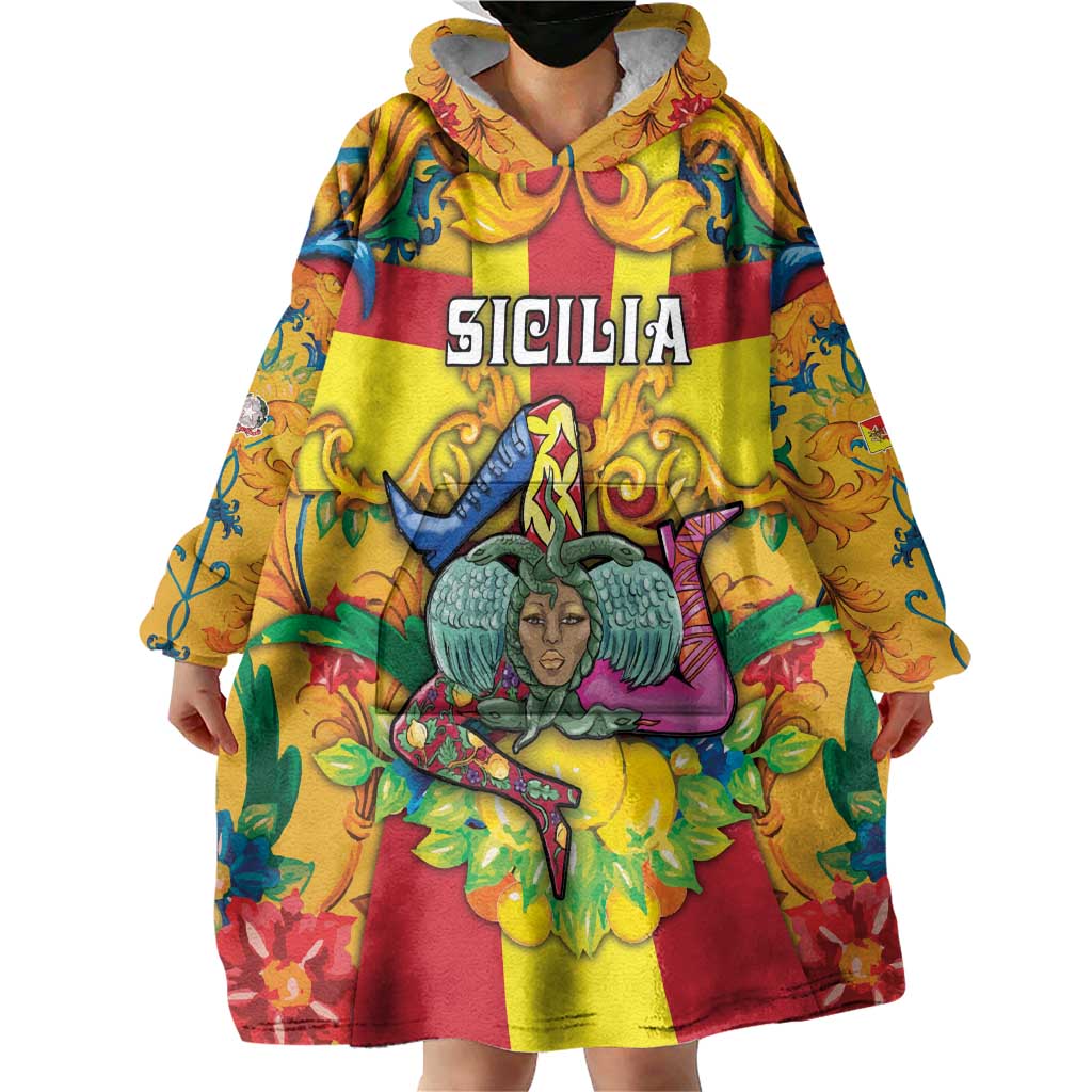 Personalized Italy Sicily Wearable Blanket Hoodie Gorgoneion Baroque Patterns - Wonder Print Shop