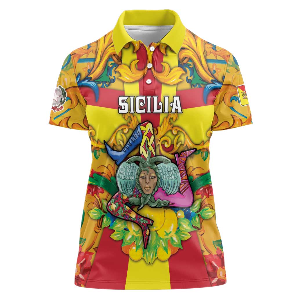 Personalized Italy Sicily Women Polo Shirt Gorgoneion Baroque Patterns - Wonder Print Shop