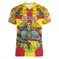 Personalized Italy Sicily Women V-Neck T-Shirt Gorgoneion Baroque Patterns - Wonder Print Shop