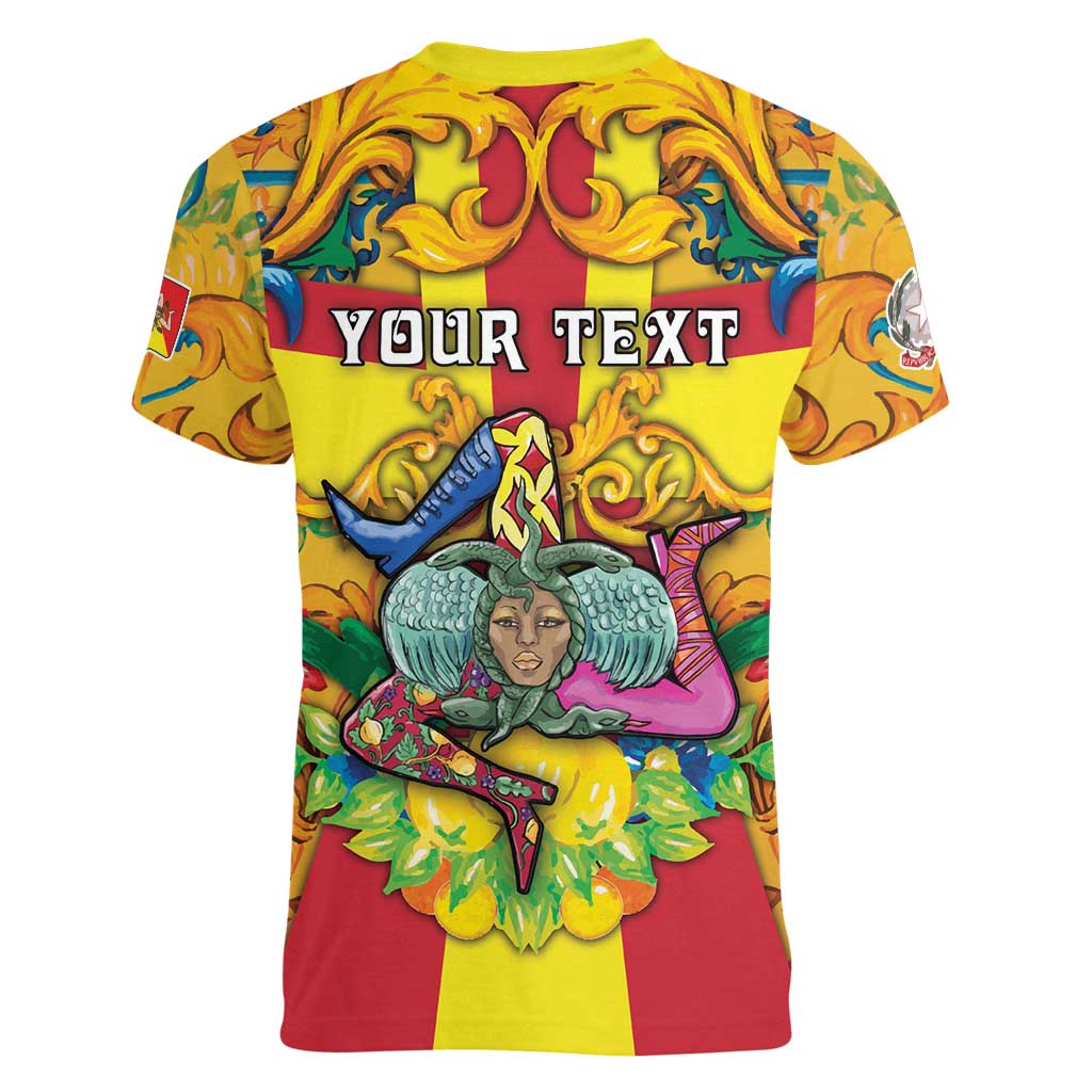 Personalized Italy Sicily Women V-Neck T-Shirt Gorgoneion Baroque Patterns - Wonder Print Shop