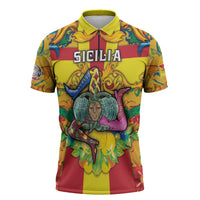 Personalized Italy Sicily Zipper Polo Shirt Gorgoneion Baroque Patterns - Wonder Print Shop