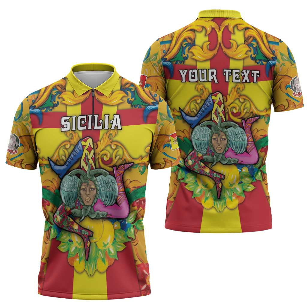 Personalized Italy Sicily Zipper Polo Shirt Gorgoneion Baroque Patterns - Wonder Print Shop