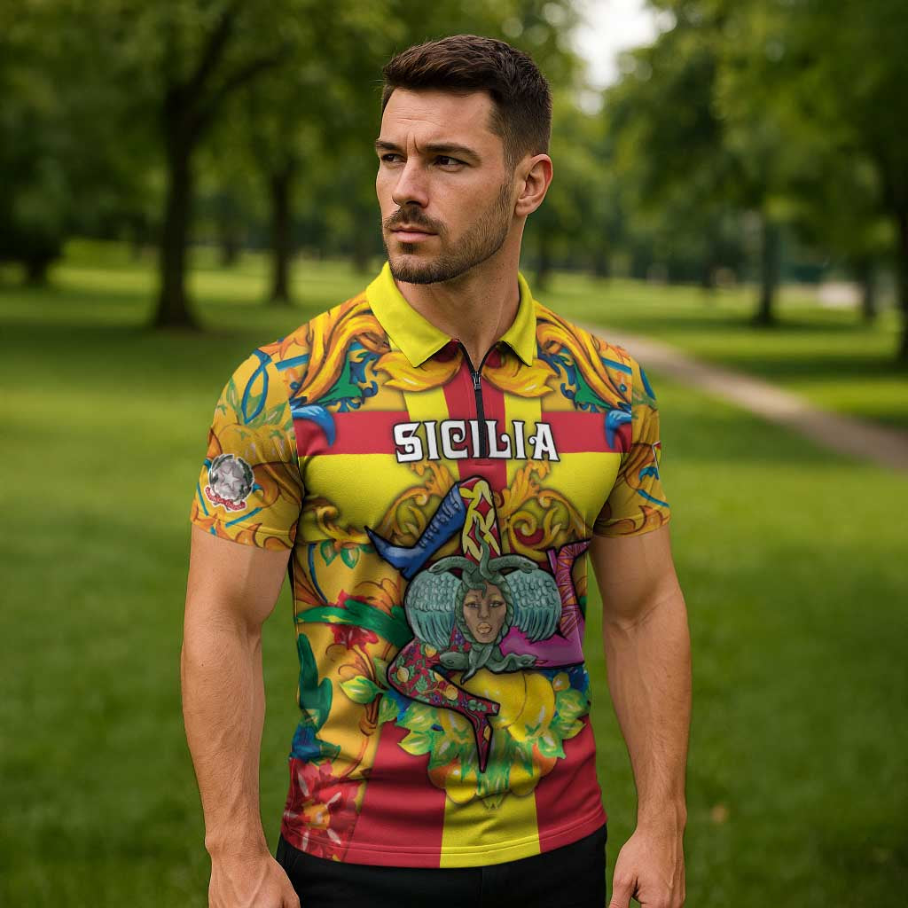 Personalized Italy Sicily Zipper Polo Shirt Gorgoneion Baroque Patterns - Wonder Print Shop