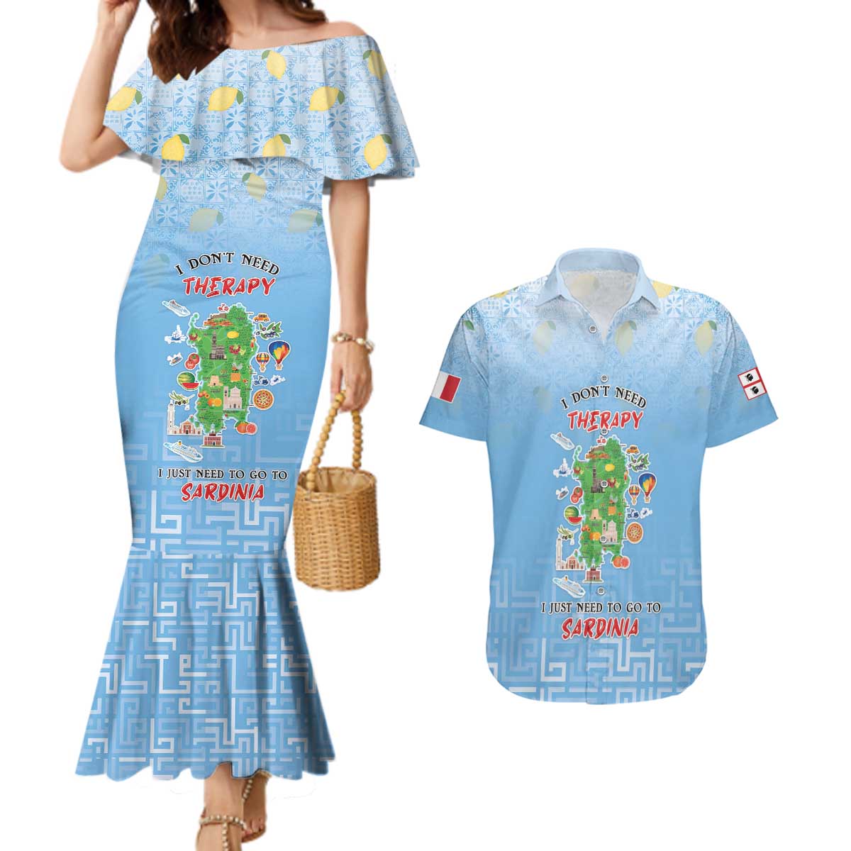 Personalized Italy Sardinia Couples Matching Mermaid Dress and Hawaiian Shirt I Don't Need Therapy - Wonder Print Shop