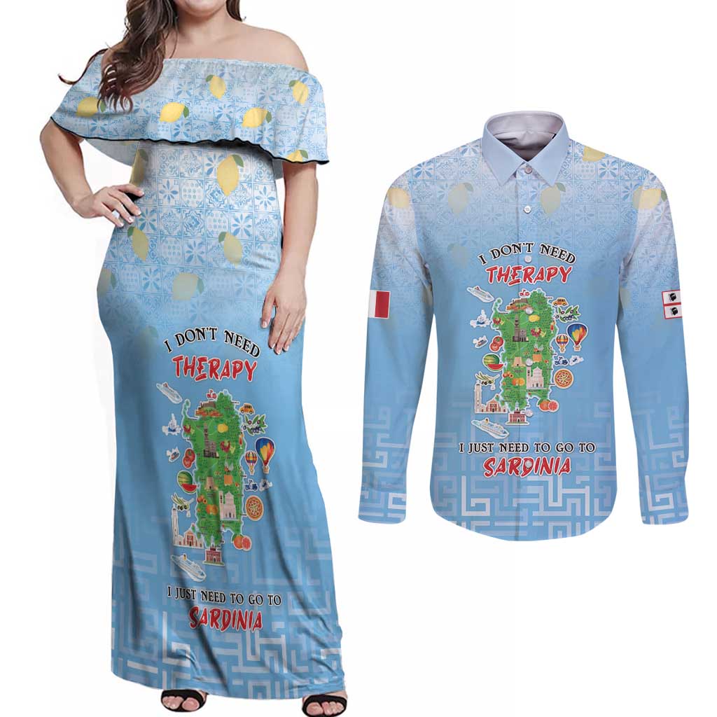 Personalized Italy Sardinia Couples Matching Off Shoulder Maxi Dress and Long Sleeve Button Shirt I Don't Need Therapy - Wonder Print Shop