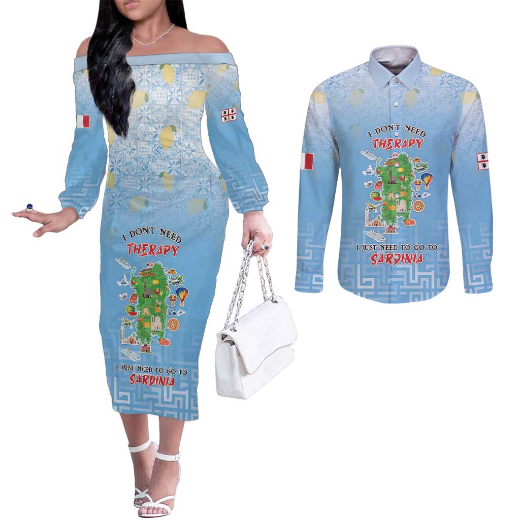 Personalized Italy Sardinia Couples Matching Off The Shoulder Long Sleeve Dress and Long Sleeve Button Shirt I Don't Need Therapy - Wonder Print Shop