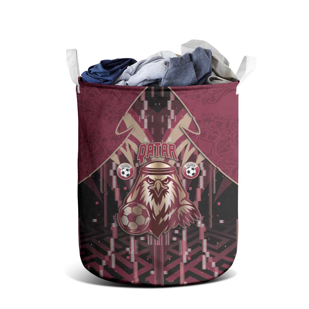 Qatar Football Laundry Basket Glitch Style Falcon With Arabic Patterns