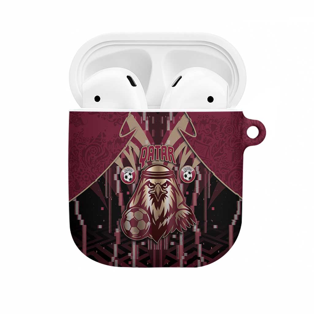Qatar Football AirPods Case Glitch Style Falcon With Arabic Patterns