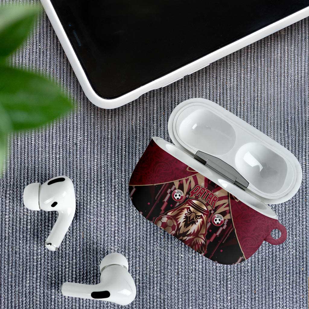 Qatar Football AirPods Case Glitch Style Falcon With Arabic Patterns