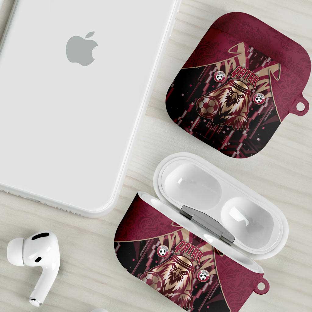 Qatar Football AirPods Case Glitch Style Falcon With Arabic Patterns